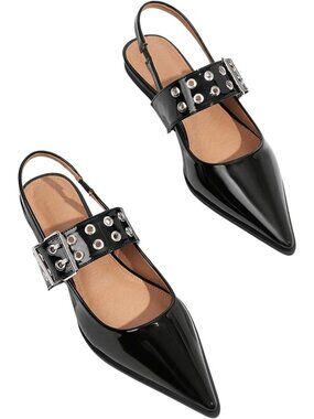 Women's Black Leather Buckled Straps Pointed Toe Slingback Flat Ballerina Shoes